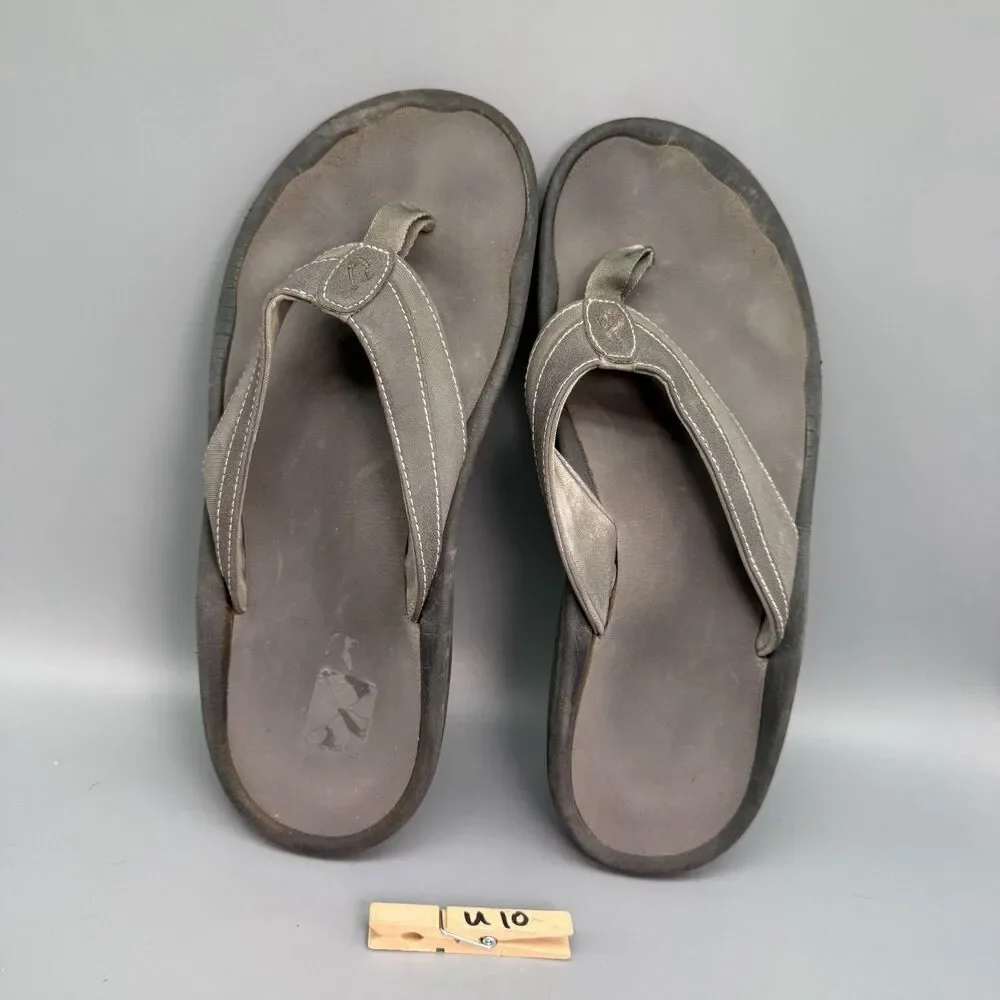 OluKai Ohana Koa Men's 12 Gray Leather Slip-On Flip Flop Sandals Comfort Shoes